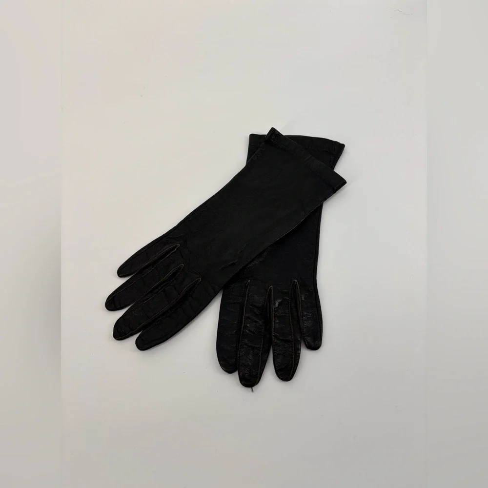Vintage Gants Black Leather Gloves – 1950s-60s Mid-Length, Nylon Lined